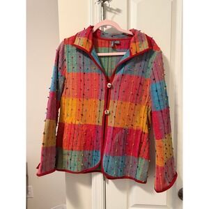 Anu Womens Multi Color Woven Plaid Cotton Jacket Boho Textured Button Up Small